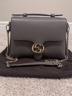 Gucci Grey Leather Shoulder Bag with Gold-Tone GG Clasp